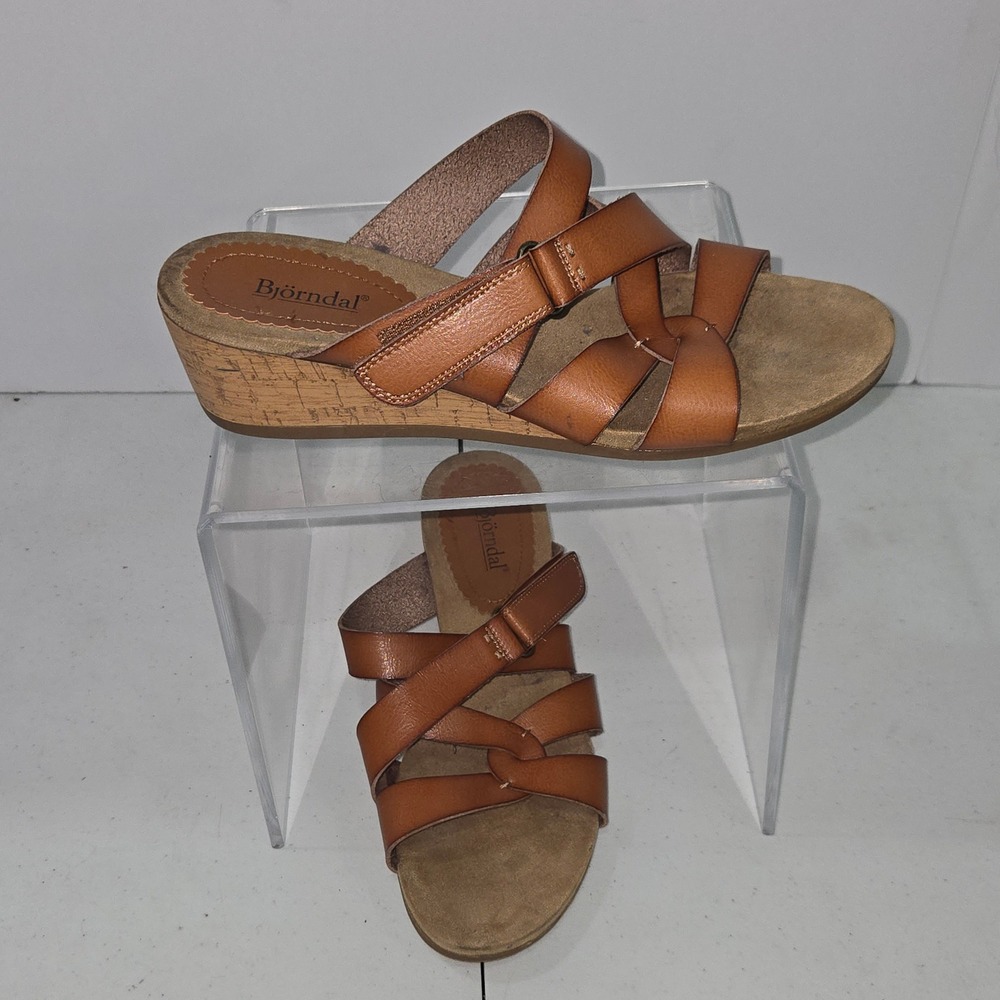 Bjorndal Womens Size 10 Brown Strappy Wedge Sandals Cork Heel Slingback Comfort
